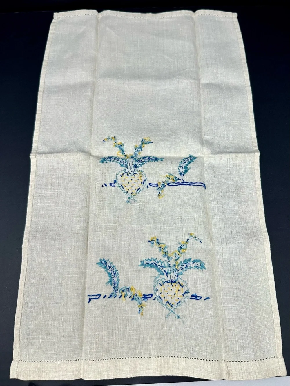 Vintage Linen Beige Hand Blue Embroidered Napkins A4